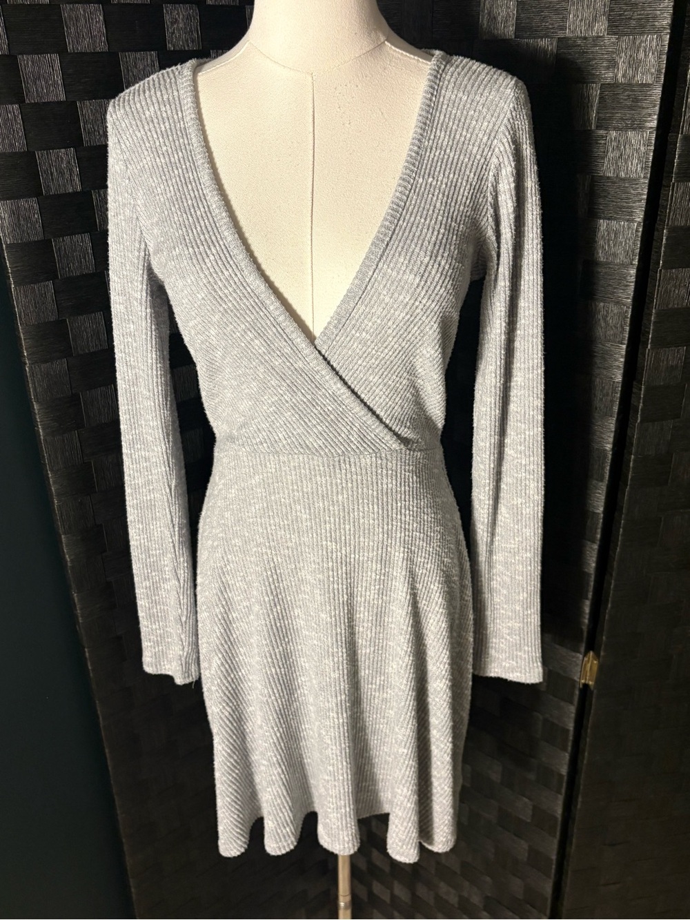 Urban Outfitters Gray Ribbed Faux Wrap Long Sleeve Fit & Flare Dress